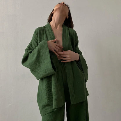 Casual Cotton Sleepwear Women Flare Sleeve Wrap Pajama Sets Nightgown Set Woman 2 Pieces Robes Lace Up Trousers Suits