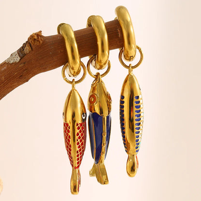 Colored Blue Green Oil Dripping Fish Earrings Enamel Hoop Earring Women's Hypoallergenic Tarnish Free Jewelry