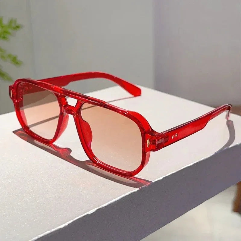 New Vintage Double Bridges Square Sunglasses Fashion Rivets Ocean Lens UV400 Eyewear Women Trending Traveling Sun Glasses