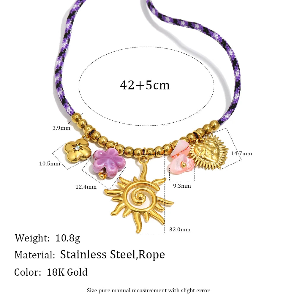 Set Hollowed Sun Pendant Charm Purple Flower Necklace Bracelet Cute Statement Daily's Jewelry