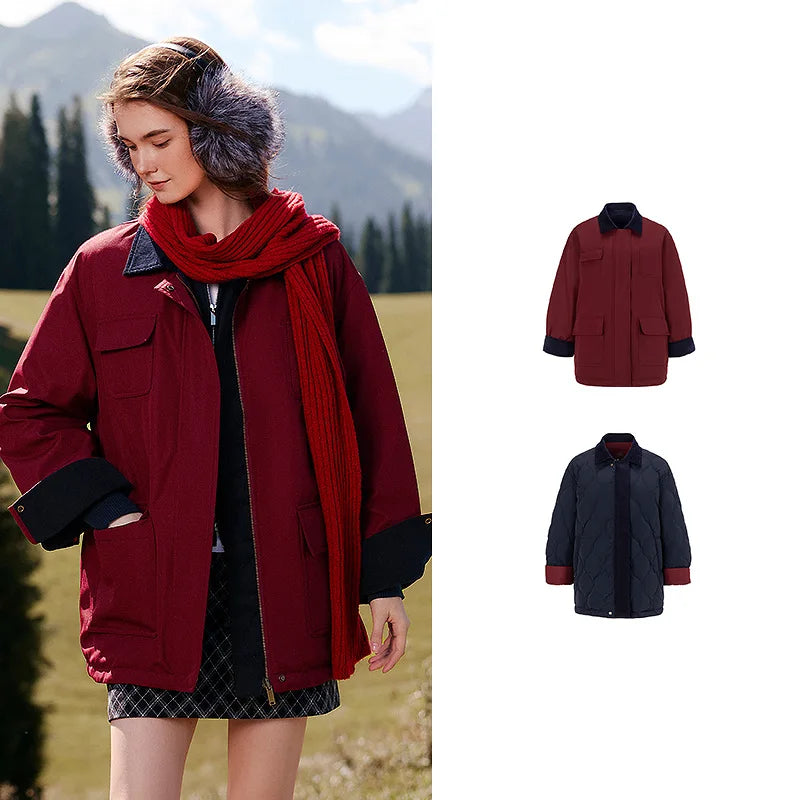 Women Down Jacket New Reversible Workwear Quilted Mid Length Loose