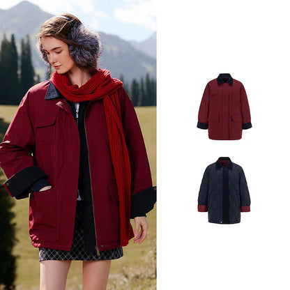 Women Down Jacket New Reversible Workwear Quilted Mid Length Loose