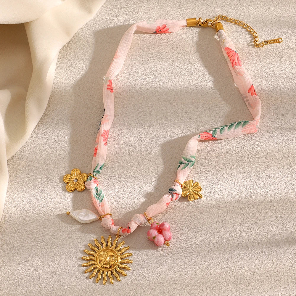 New Fashion 18K Gold Plated Ribbon Flower Starfish Fossil Shell Sun Pendant Necklace Stainless Steel Neck Jewerly
