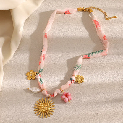 New Fashion 18K Gold Plated Ribbon Flower Starfish Fossil Shell Sun Pendant Necklace Stainless Steel Neck Jewerly
