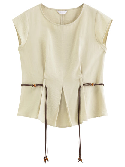 Women's Round Neck Waist-Defining Top & Wide Leg Pants Two-Piece Set - Refined Style for Daily and Office Wear