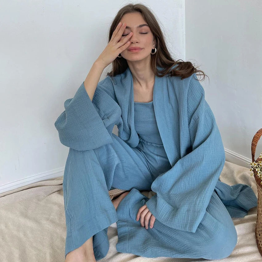 Casual Cotton Sleepwear Women Flare Sleeve Wrap Pajama Sets Nightgown Set Woman 2 Pieces Robes Lace Up Trousers Suits