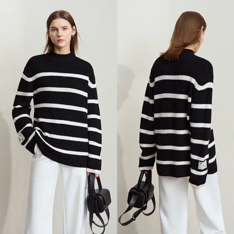 Minimalism Women's  Sweaters French Contrast Color Stripe Casual Long Sleeve