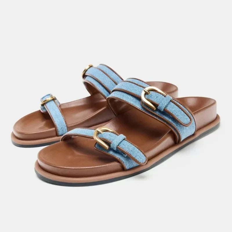 Denim Metal Belt Buckle slippers Women Fashion Shoes Designer Platform