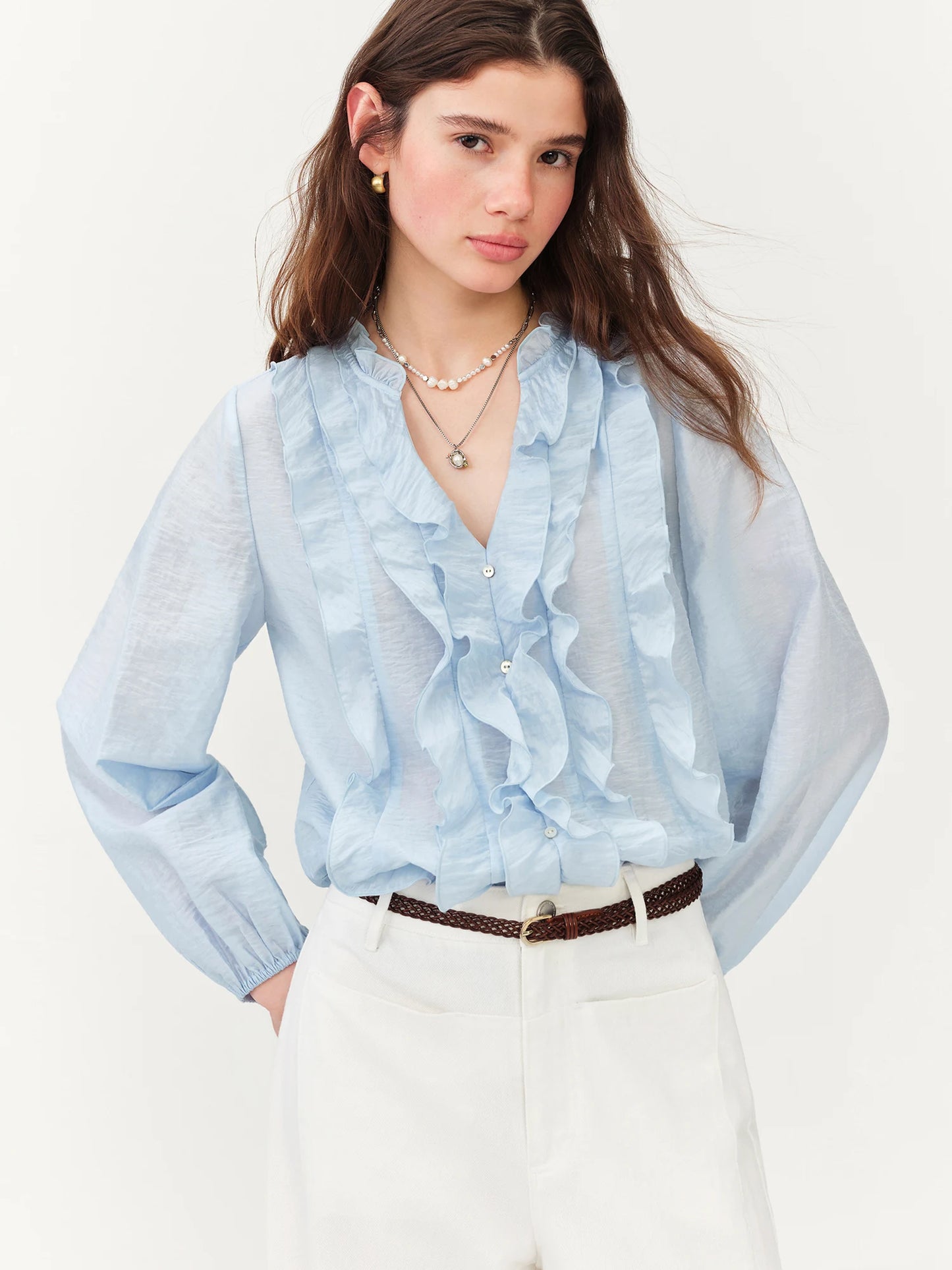 New Women's French Style V-Neck Ruffle Blouse Lightweight Sheer Hem Top for Coquette Vacation Chic Daily Style