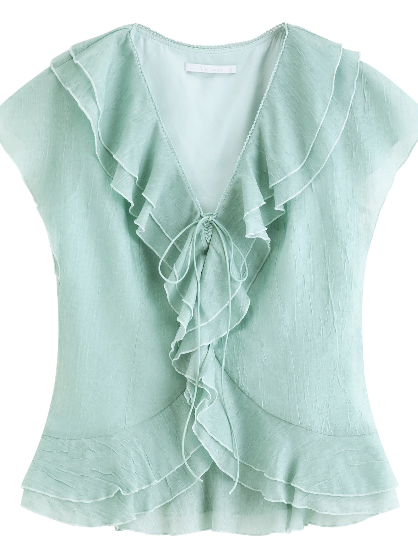 Mint Green Ruffled V-neck Chiffon Blouse and Skirt Women New Style Slimming Waist Solid Sets