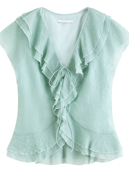 Mint Green Ruffled V-neck Chiffon Blouse and Skirt Women New Style Slimming Waist Solid Sets