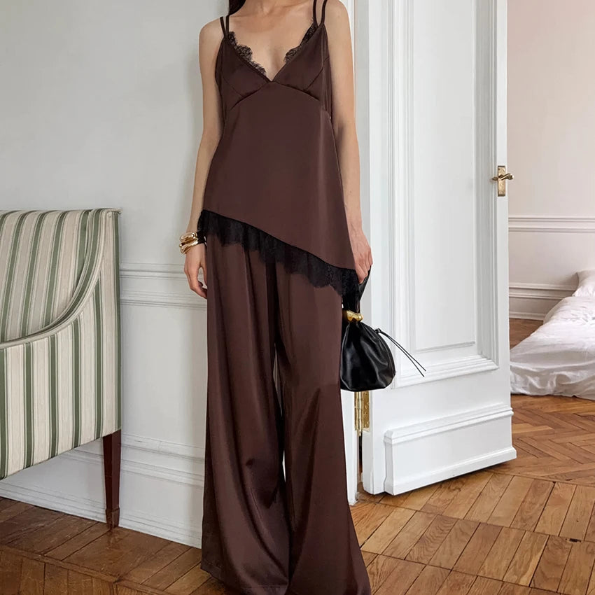 Yellow Fashion Woven Inelastic Ladies' Pajamas Two-Piece Lace Sleeveless V-Neck Camisole Elastic Waist Full Length Pants