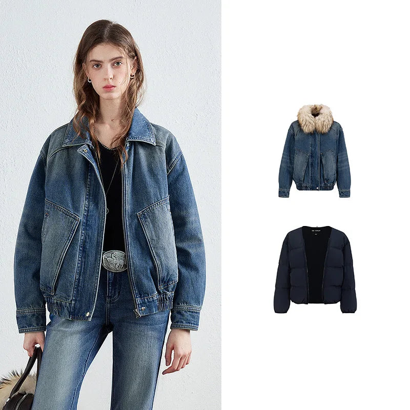 Women Down Jacket New Reversible Denim Nomadic Workwear Pocket Raccoon Fur Collar Warm Outerwear