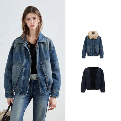 Women Down Jacket New Reversible Denim Nomadic Workwear Pocket Raccoon Fur Collar Warm Outerwear
