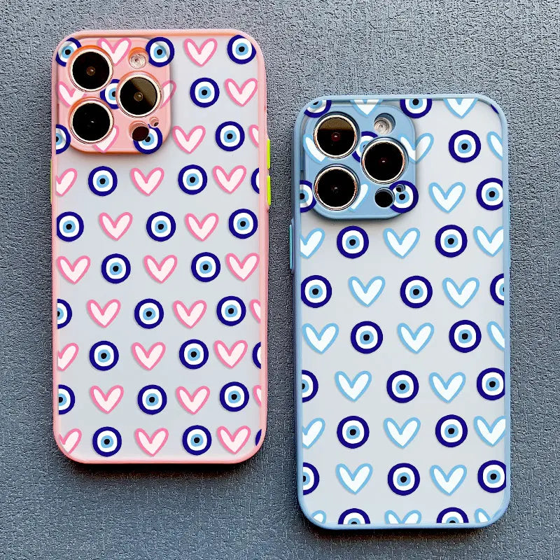 Evil Eye Glossy Heart Pattern Phone Case for iPhone 14 15 Pro Max Plus 11 12 13 Mini Pro Max 16 17 Pro Max Shockproof Back Cover