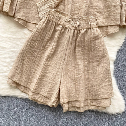 Elegant Polo-neck Vintage Long Flare Sleeves Chic Single Breasted Shirts High Waist Wide Leg Short Pants Sets