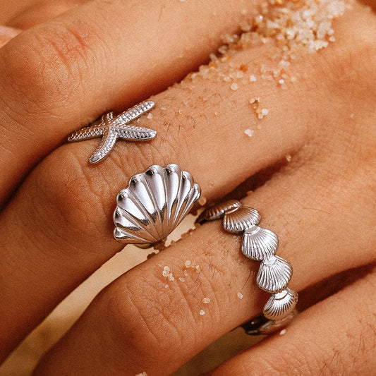 Rings Fashions steel Sea Star And Shell Ring Adjustable