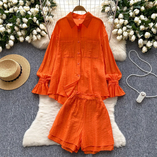 Elegant Polo-neck Vintage Long Flare Sleeves Chic Single Breasted Shirts High Waist Wide Leg Short Pants Sets