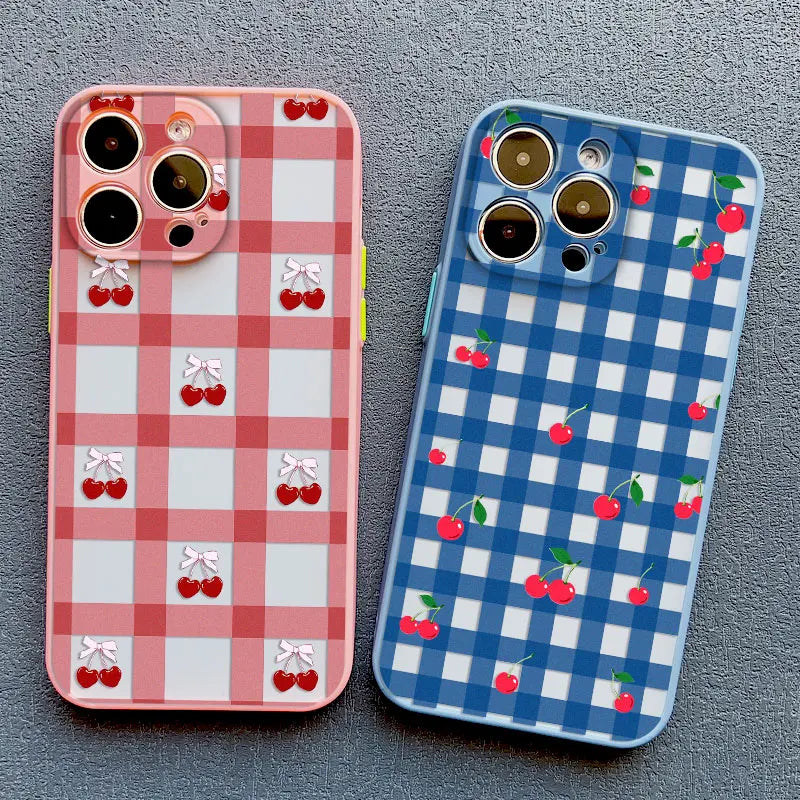 Cute Fashion Girl Cherry Grid Pattern Phone Case for iPhone 15 16 Pro Max Plus 14 11 12 13 Mini Pro Max X XS XR 7 8 Plus Covers