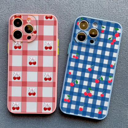 Cute Fashion Girl Cherry Grid Pattern Phone Case for iPhone 15 16 Pro Max Plus 14 11 12 13 Mini Pro Max X XS XR 7 8 Plus Covers