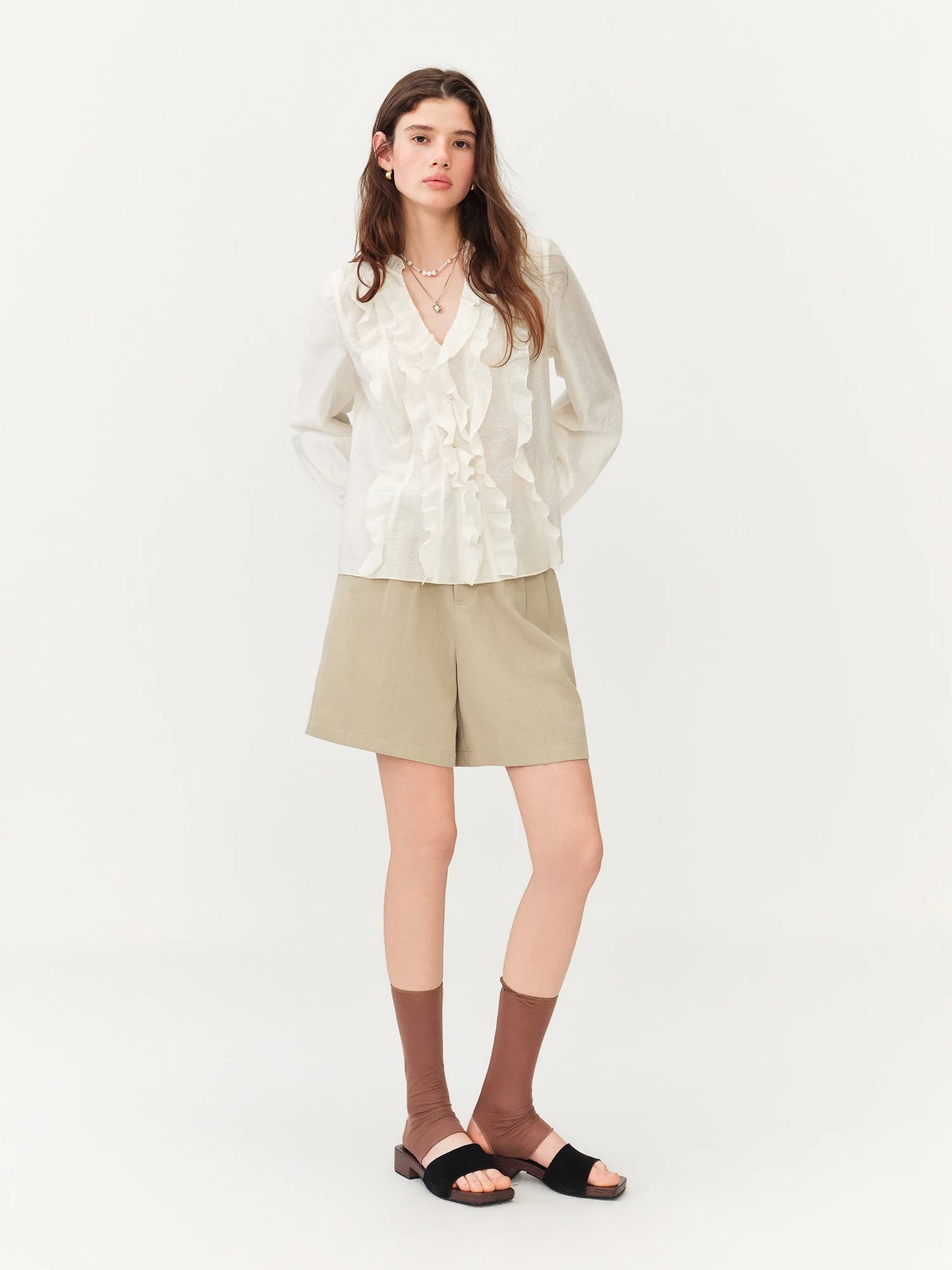 New Women's French Style V-Neck Ruffle Blouse Lightweight Sheer Hem Top for Coquette Vacation Chic Daily Style