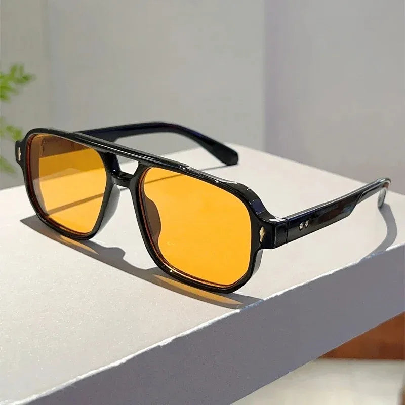 New Vintage Double Bridges Square Sunglasses Fashion Rivets Ocean Lens UV400 Eyewear Women Trending Traveling Sun Glasses