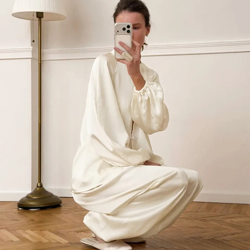 Casual Loose Woven Inelastic Pajamas 2 Piece Suit Long Sleeves Medium Collar Single-Breasted Top Full Length Pants