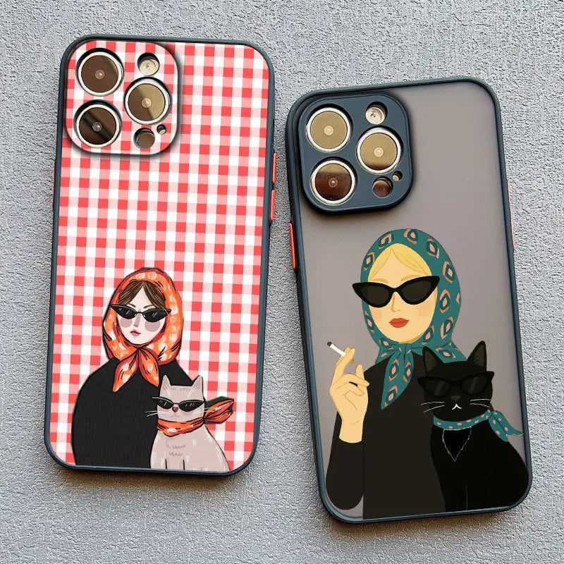 Cartoon Cat And Woman Plaid Pattern Phone Case For iPhone 17 16 15 14 Pro Max Plus 12 13 Mini 11 Pro Max XR XS X 7 8 SE2 Covers