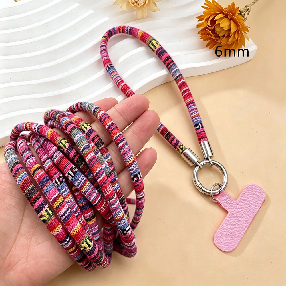 6mm Thick Ethnic Pattern Fabric Phone Wrist Lanyard Boho Braided Short Hand Strap for Cell Phone Detachable Anti Drop Key Chain