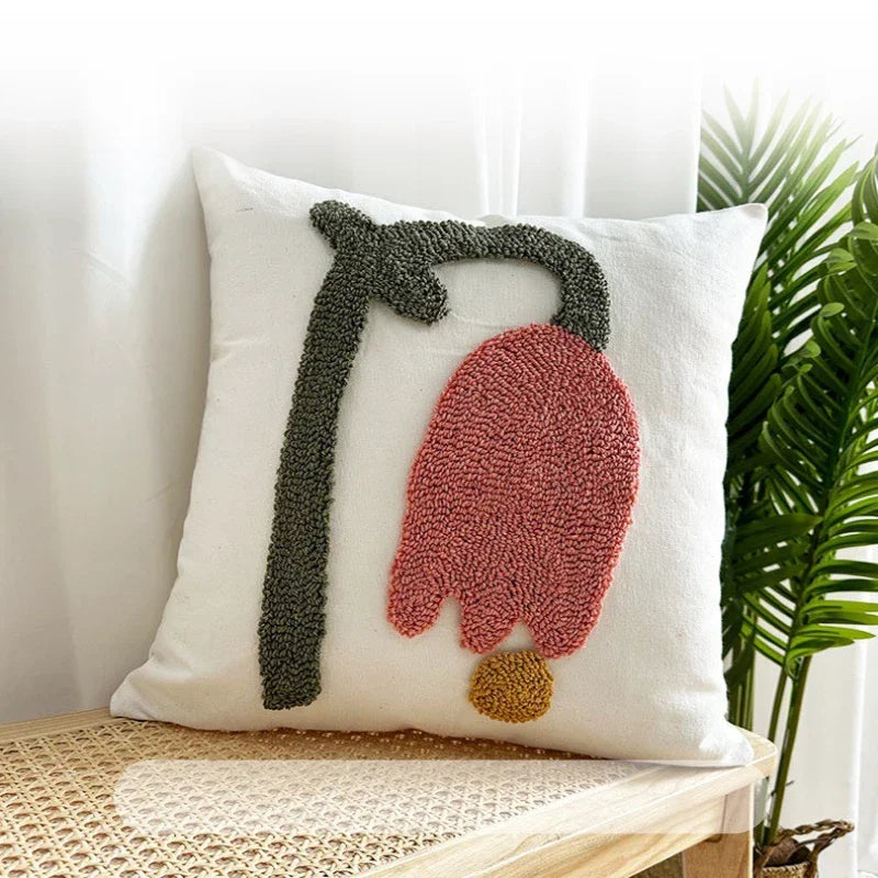 Style Flower Loop Tufted Cushion Cover Pink Plant Embroidered Decorative Pillows