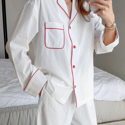HiLoc White Casual Woven Ladies' Pajamas 2 Piece Long Sleeve Lapel Single-Breasted Shirt Full Length Pants