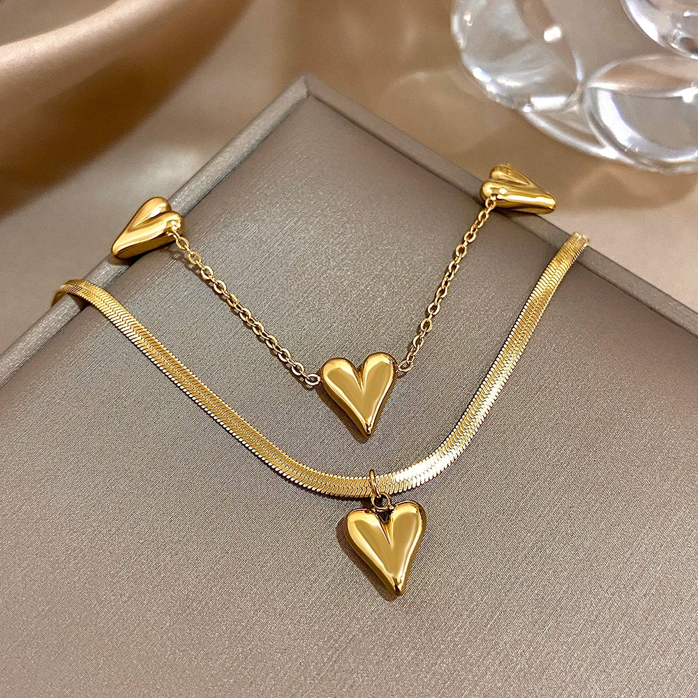 Stylish Heart Pendant Waterproof Gold Plated Steel Bracelets for Women Double Layer Bracelet Charm Fashion Jewelry