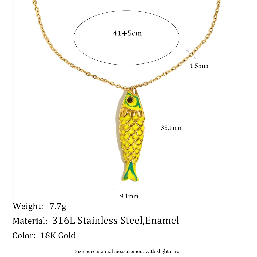 Colorful Lucky Enamel Fish Pendant Necklace Waterproof 316L Stainless Steel 18K Gold Plated Jewelry Accessories