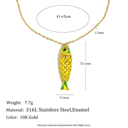 Colorful Lucky Enamel Fish Pendant Necklace Waterproof 316L Stainless Steel 18K Gold Plated Jewelry Accessories