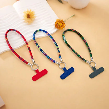 6mm Thick Ethnic Pattern Fabric Phone Wrist Lanyard Boho Braided Short Hand Strap for Cell Phone Detachable Anti Drop Key Chain