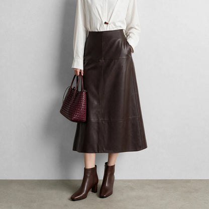 Women's Faux Leather A-Line Midi Skirt Loose Pockets Slim High Waist