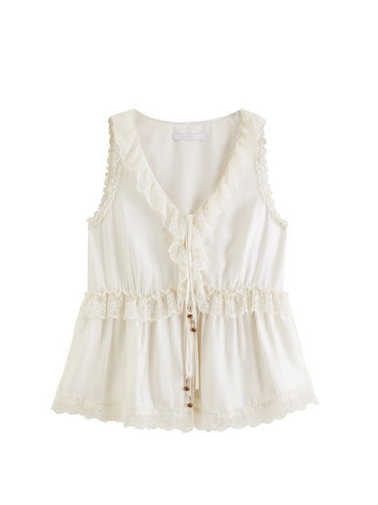 Women's 2026 Summer New Arrival Pearlescent Lace Sleeveless Blouse V-Neck Elegant Top V-neck Lace Decoration Shirts