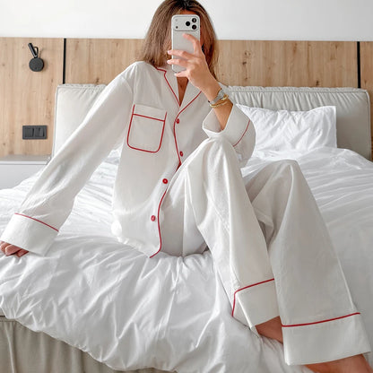 HiLoc White Casual Woven Ladies' Pajamas 2 Piece Long Sleeve Lapel Single-Breasted Shirt Full Length Pants