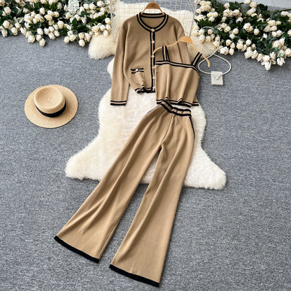 Women Three-Piece Sets Slim Single Breasted Coat Straps Camis Top High Waist Wide Leg Pants High Street Autumn Winter Clothing