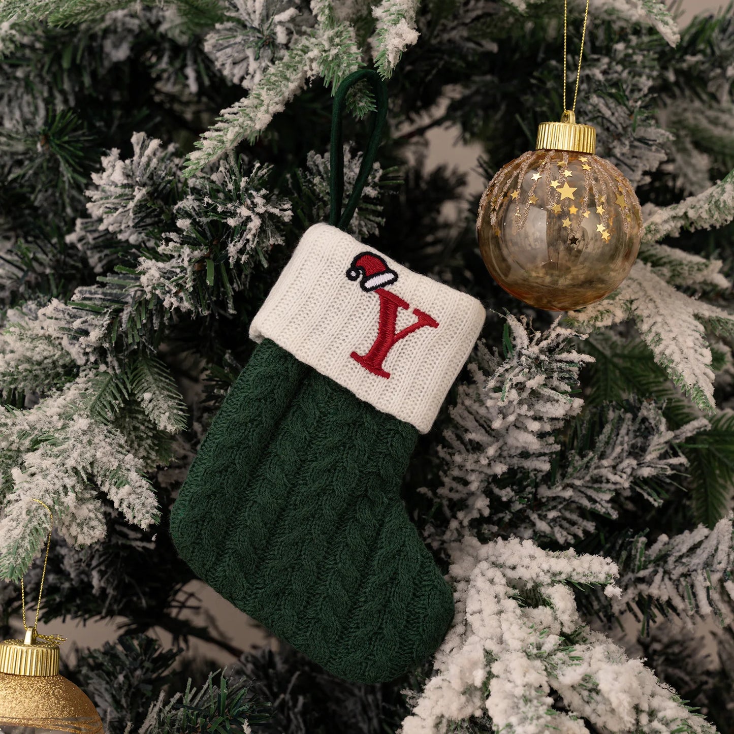 Green A-Z Letter Hanging Christmas Stockings Monogram Knitted Socks