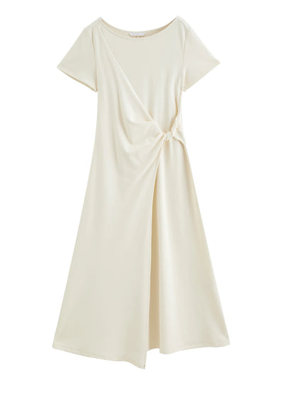 Women's French-Inspired Twist Knot Midi Dress Ruched Waist & Asymmetric Hem - Elegant Style for Daily Wear