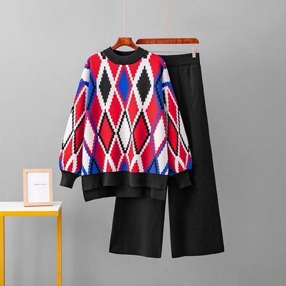 Knitted Two-Piece Matching Sets for Women Loose Trousers Suit Long Sleeve Top Wide Leg Pants Casual Outfits Lozenge Sweater