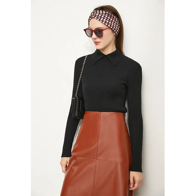 Minimalism Sweater for Women Autumn New Office Lady Basic Lapel Striped Slim Knitted Tops