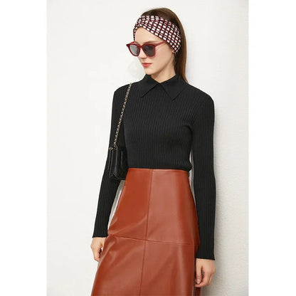 Minimalism Sweater for Women Autumn New Office Lady Basic Lapel Striped Slim Knitted Tops