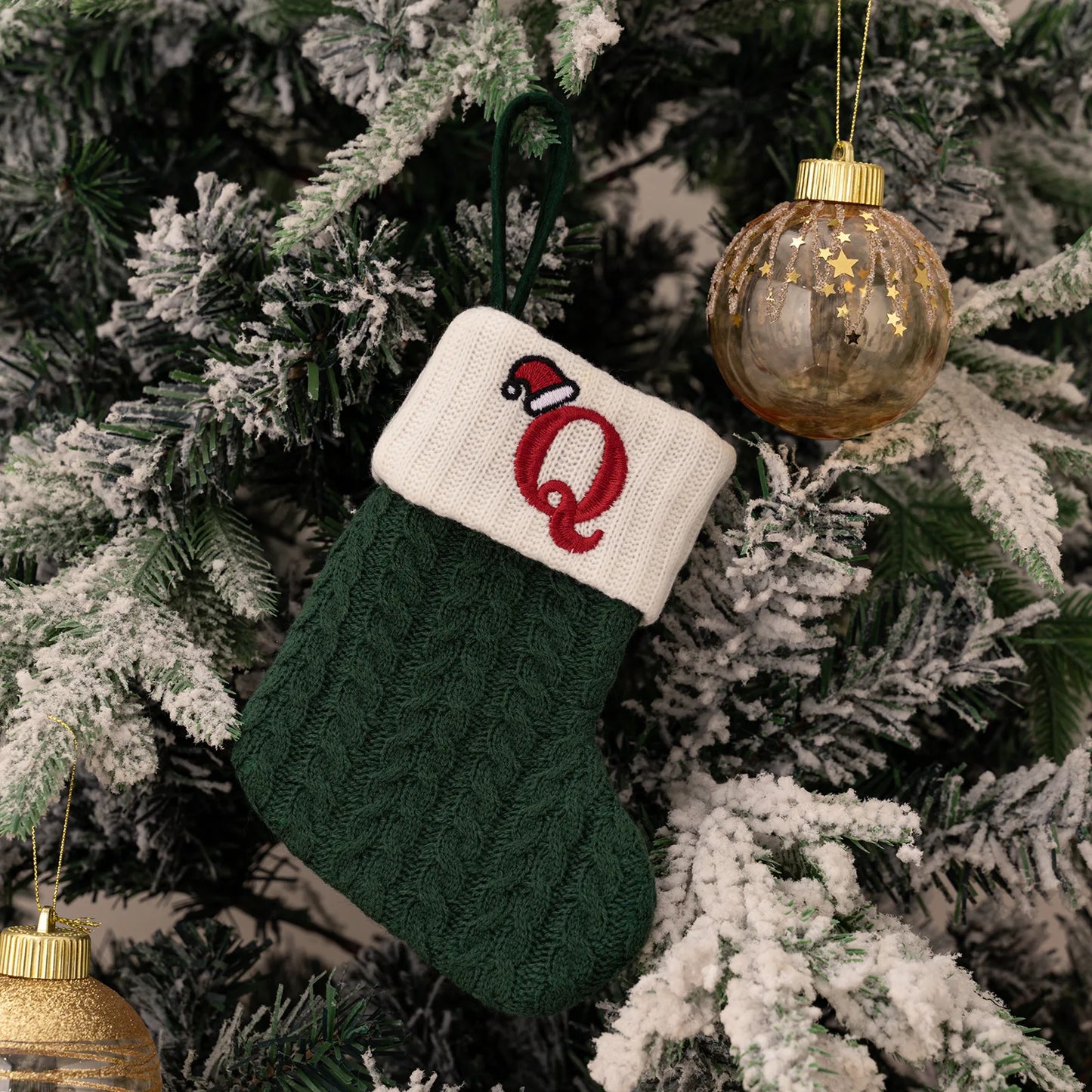 Green A-Z Letter Hanging Christmas Stockings Monogram Knitted Socks