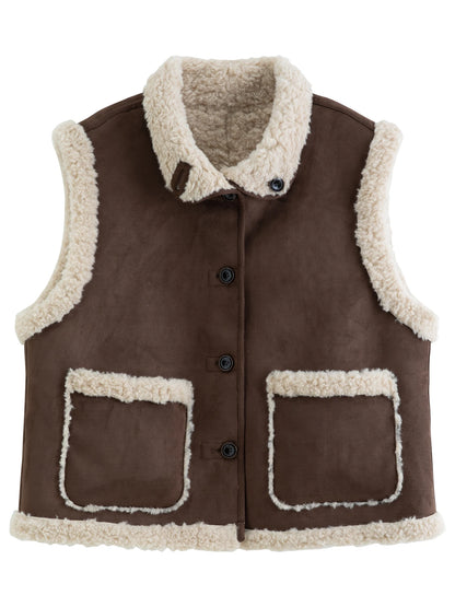 Women Faux Shearling Reversible Vest Suede-Like Lamb Fur Stand Collar Double-Side