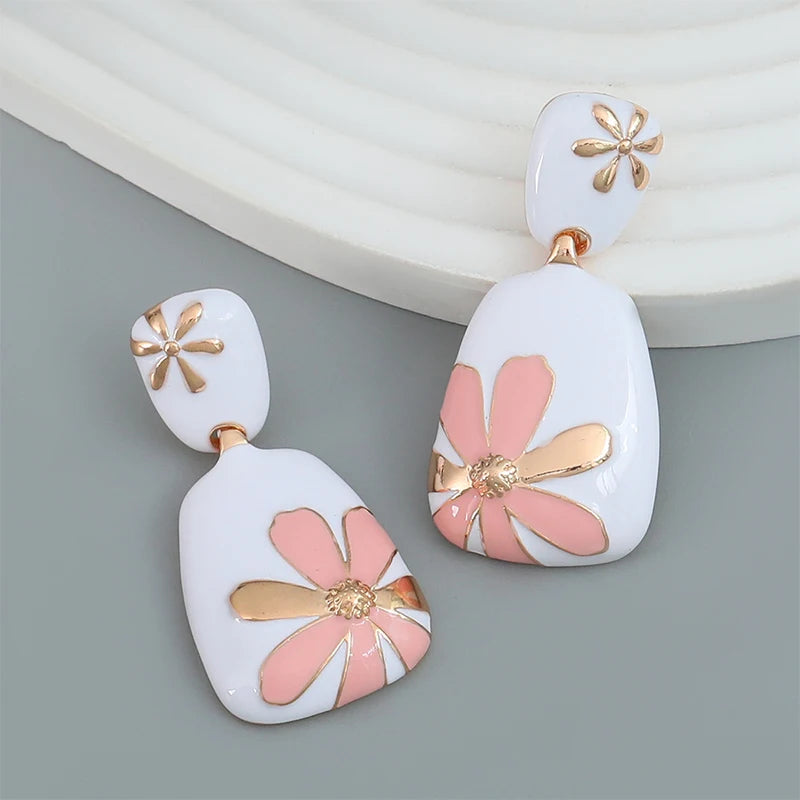 Enamel Flower Metal Dangle Post Earrings For Women