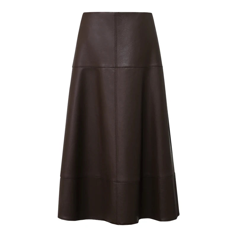 Women's Faux Leather A-Line Midi Skirt Loose Pockets Slim High Waist