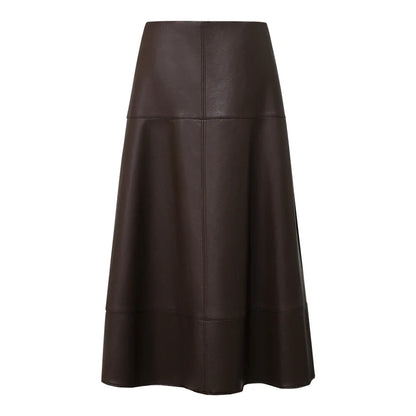 Women's Faux Leather A-Line Midi Skirt Loose Pockets Slim High Waist