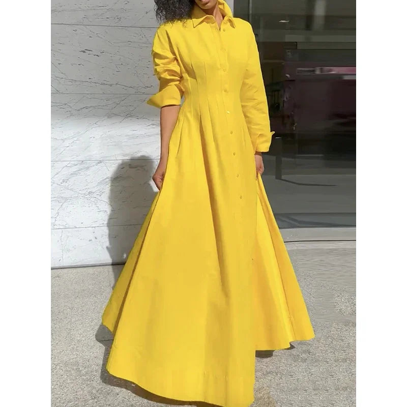 Dresses for Women Autumn Yellow A-Line Long Sleeve Cocktail Formal Evening Date Prom Maxi Long Dress Woman